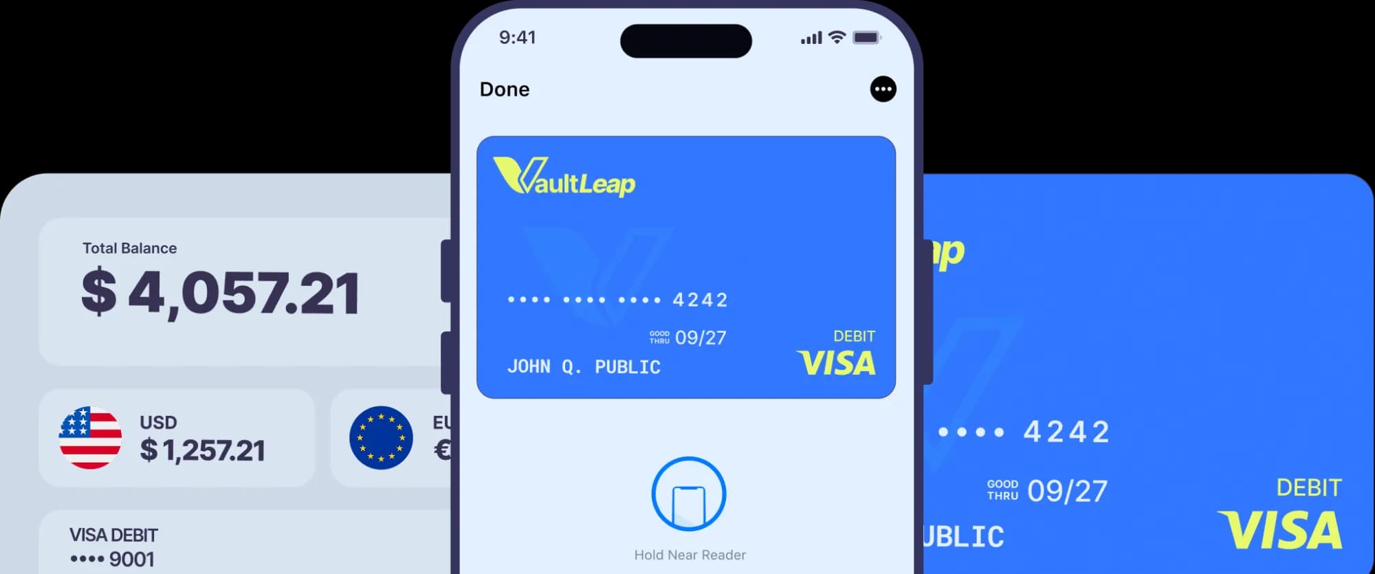 VaultLeap dashboard showing USD and EUR account balances