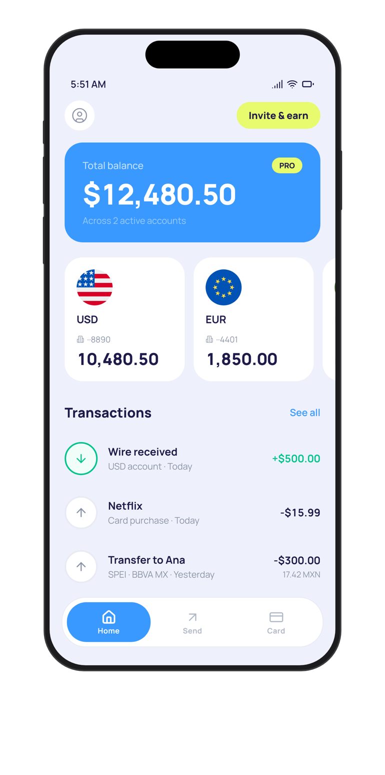 VaultLeap app showing $12,480.50 balance across USD and EUR accounts